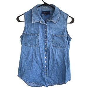 Women's Blue Denim Sleeveless Top Pearl Snap Buttons 80s 90s Made USA Breeches